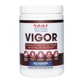 Leviathan Wellness Leviathan Wellness Vigor - Stimulant-Free Nitric Oxide Pre-Workout Powder | L-Citrulline (5000mg), Malic Acid (2000mg), GlycerPump (1500mg)| Blue Raspberry| 30 Servings, 13.86g Each | Made in The USA