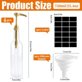 Akamino 4 Pack Syrup Dispenser for Coffee Bar,25.4 oz/750 ml Clear Syrup Dispenser with 1/3 oz Gold Pump, Funnel and Comprehensive Label for Coffee Bar Accessories Essentials