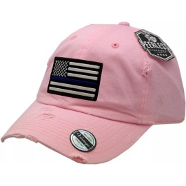 Peerless Embroidery Blue Line American Flag Distressed Hat Adjustable Buckle Back Pink