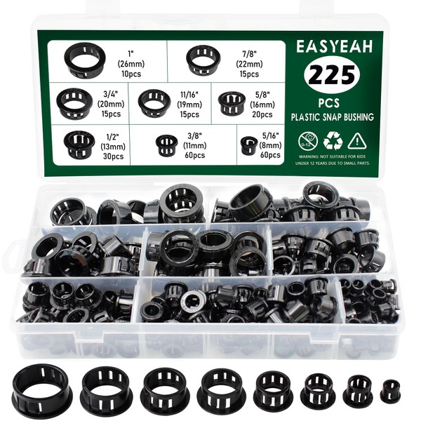 EASYEAH 225pcs Plastic Cable Snap Bushings Grommet Protector Black Snap