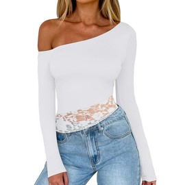 REORIA Womens Off The Shoulder Crop Tops Double Lined Lace Tops Regular Fitted Long Sleeve Shirts Trendy Y2k Fall Fashion 2024 White Medium