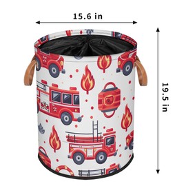 Fire Fighting Truck Laundry Basket with Lid, Collapsible Large Drawstring Laundry Hamper Storage with Handle, Toy Clothes Storage Basket for Nursery Playroom