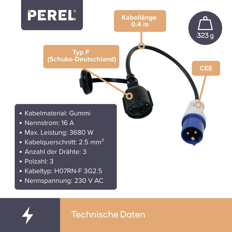 Perel ECEEA2-G Cable Schuko Coupling to Cee Plug Length 40