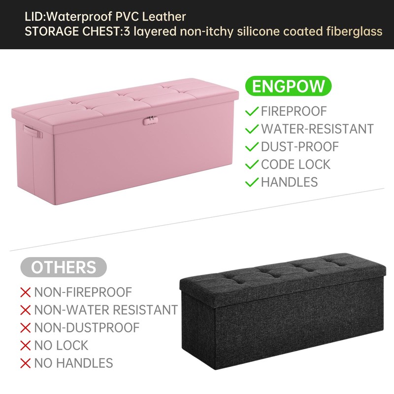 ENGPOW Fireproof Storage Ottoman, Folding Storage Bench with Lock(15”x 43”x15”),