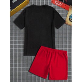 SHENHE Men's Graphic Short Sleeve Crew Neck Tee and Track Shorts Set 2 Piece Summer Outfits Black and Red XX-Large