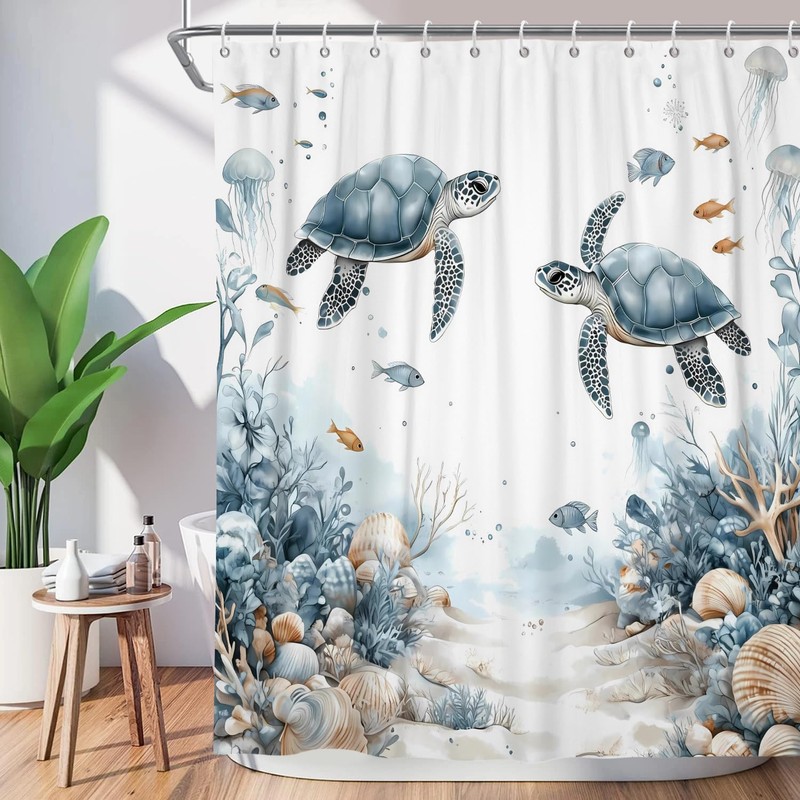 ChloropLastid Ocean Shower Curtain, Turtle Fish Coastal Beach Bathroom Decor