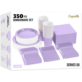 Exquisite 350 Pcs Lavender Paper Plates For Party, Lavender Disposable Plates Set, 50 Of Each 9" Dinner Plate Set, 7" Dessert Plate, Cups, Napkins & Cutlery Paper Dinnerware