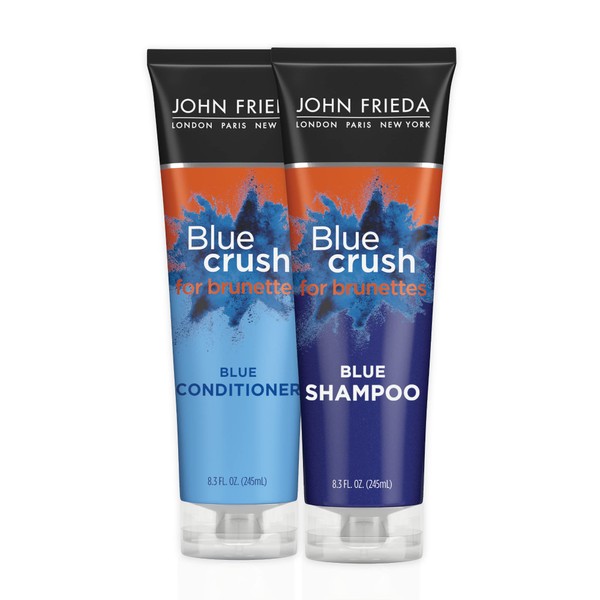 John Frieda Blue Crush Blue Shampoo and Conditioner Set for Brunettes, Crush Brassy Tones for Brunettes, 8.3 Fl Oz (Pack of 2)