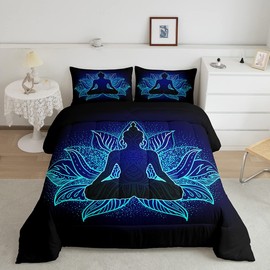 Manfei Yoga Kids Comforter Set Queen Size,Mandala Florals Boho Exotic Bedding Set,Girls Boys Adults Bedroom Decor,Western Tribal Ethnic Down Comforter,Blue Trippy Duvet Insert,2 Pillowcases