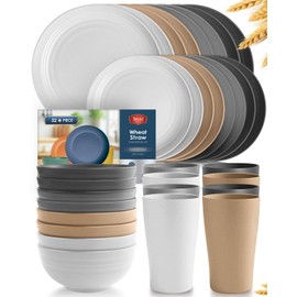 Teivio 32-Piece Kitchen Plastic Wheat Straw Dinnerware Set, Service for 8, Unbreakable Plates, Bowls and Cups Set, Farmhouse Outdoor Camping Dishes for Rustic Life/Country/Vintage, Country