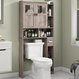 Vabches Over The Toilet Storage Cabinet, Bathroom Shelf Over Toilet with Glass Doors and Adjustable Shelves, Grey Freestanding Home Space Save Toilet Rack, for Restroom, Bathroom, Laundry - Color: Espresso