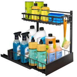 LYNK PROFESSIONAL® Pull Out Under Sink Kitchen Cabinet Organizer - 10" W x 14" D 2-Tier Drawer - Sliding Shelf Organizer for Cabinets and Undersink Storage Shelves - Lifetime Ltd. Warranty – Black
