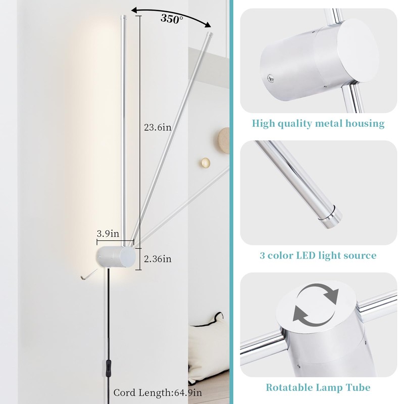 KELUOLY Modern LED Plug in Wall Sconces Set of Two,Chrome