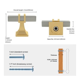 Haliwu 6 Pack 2 Inch Brushed Nickel and Gold Cabinet Knobs Brushed Nickel T-bar Knobs Single Hole Hardware for Dresser and Drawer Kitchen Cupboard