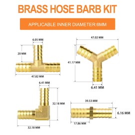 GASHER 8 pieces 6 mm brass hose barb set, 90 degree L right angle piece, Y-shape air hose barb, tea hose barb, fuel/air/water/oil/gas/wog