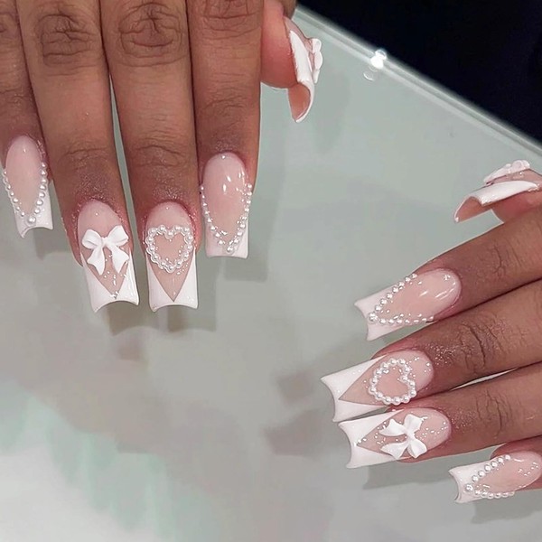 MERVF Long Square Press on Nails Fake Nails White French