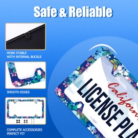 【2Pcs】Blue pink hibiscus License Plate Frame colorful tropical floral License Plate Frames Stainless Steel Accessories Cars Decor with 4 Holes Screws Fits Standard US CA Vehicles Size 12.2 x 6 Inches