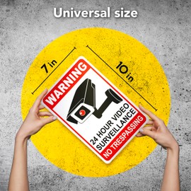 4 PC 24 Hour Video Surveillance Sign, 10x7 Aluminum Warning No Trespassing Signs Private Property