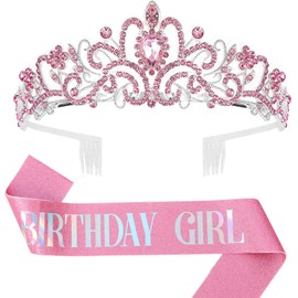 Birthday Girl Sash & Rhinestone Tiara Sets, Birthday Sash and Tiara Headband for Girls Women Birthday Decoration (Pink)