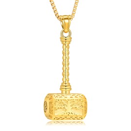 XSMZB Viking Thor Hammer Cremation Jewelry for Ashes Tree of Life Hammer Keepsake Ashes Necklace for Human Pet Funeral Memorial Pendant(Gold)
