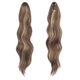 FESHFEN Ponytail Extensions 20 inch Long Wave Ponytail Claw Clip in Pony Tail Hair Extension Light Brown & Blonde Wavy Ponytails Synthetic Hairpieces for Women Girls