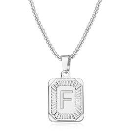 Silver Initial Pendant Necklace for Men Women, A-Z Stainless Steel Letter Pendant Necklace Square Capital Initial Letter Necklace