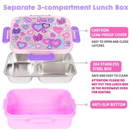 Fiambrera Bento de acero inoxidable para niños, 800 ml/28 onzas, sin BPA, a prueba de fugas, con 3 compartimentos, apto para congelador y lavavajillas, para estudiantes de regreso a clase, almuerzos