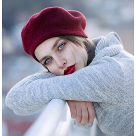 Women French Wool Beret Hats - Solid Color Classic Beanie Winter Cap (Thicker-Wine Red)