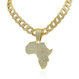 CAVIEA Sparkling Africa Map Charm Cuban Chain Link Choker Necklace for Men Women Fake Diamond Iced out Bling Hip-hop 90s Rapper Costume Party Jewelry, Rhinestone, Cubic Zirconia