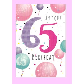 65th Birthday Card - Script Balloons Pink, Green, Lilac 7.5" x 5.25" A112