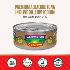 Genova Premium Albacore Tuna in Olive Oil, 5 Ounce Cans (Pack of 12), Low Sodium, Wild Caught Canned Tuna, Solid White