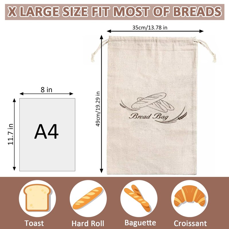 XL Reusable Linen Bread Bags with Plastic Liner, Large Drawstring