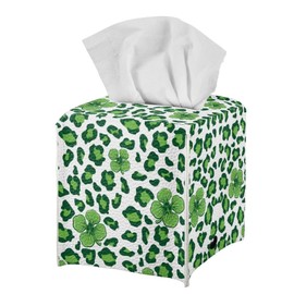 Zanxiantu St. Patrick's Day Tissue Box Cover Tissue Holder Square PU Leather Tissue Cube Box Holder Leopard Four-Leaf Clover Tissue Case Facial Paper Organizer Dispenser for Bathroom Home Office