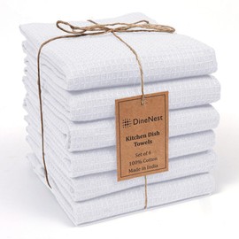 DineNest Waffle Kitchen Towels 100% Cotton 16x26 Inch - Super Absorbent, Soft & Quick Drying, Multi-Purpose for Drying & Cleaning, Ideal for Kitchen & Home Use, Set of 6 Low-Lint Dish Towels White