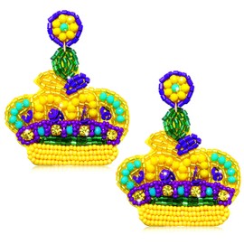 Pendientes de Mardi Gras con cuentas para mujer, hechos a mano, diseño de flor de lis, aretes colgantes para fiestas de disfraces, regalos festivos, Cuentas de cristal, estrás