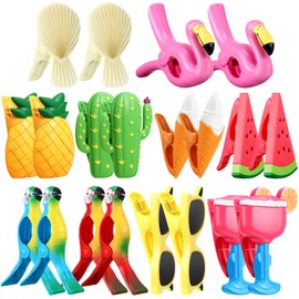 20 Pieces Beach Towel Clips Plastic Beach Chair Clips Flamingo Parrot Watermelon Pineapple Ice Cream Portable Swimming Pool Towel Holder Funny Clothespins for Patio and Holiday Pool Blanket Decoration