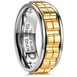 King Ring 8mm Wide Gear Spinner Ring – Ultra Polished Heavy Fidget Ring for Men & Women Stainless Steel Ring K42 – Silver Gold 12