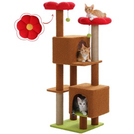 MUTTROS Flower Cat Tree, 52.4" Cat Tree Tower for Indoor Cats, Cute Cat Tree with 2 Flower Padded Perches, 2 Condos & 2 Scratching Posts, Brown and Red