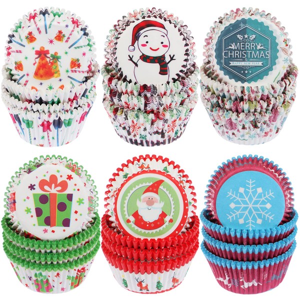 600 Pieces Cupcake Baking Cases, Snowflake Snowman Christmas Cupcake Liners Christmas Cupcake Toppers Wrappers Baking Cups for Christmas Party Decorations