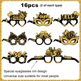 Eaguecros 16pcs 50th Birthday Glasses Decorations for Men Women, Black Gold 50th Paper Eyeglasses Birthday Sunglasses 50th Birthday Photo Props, 50th Birthday Party Favors