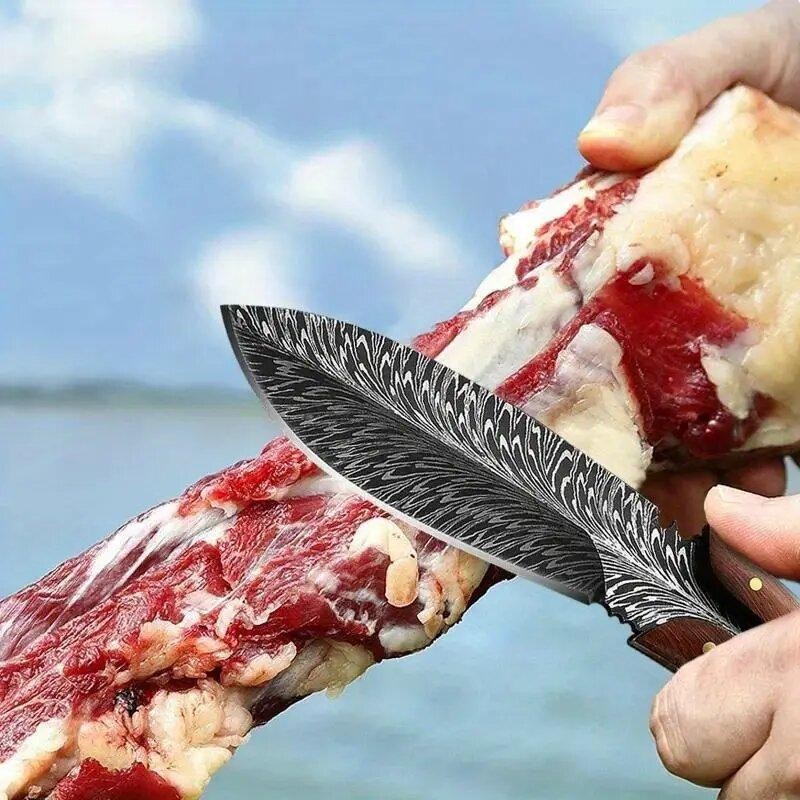 Feather Damascus Blade with Leather Sheath Vegetable Cutter Stainless Steel