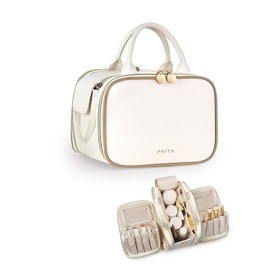 Prite Makeup Bag Cosmetic Bag Large Capacity Side Openings Travel Waterproof Portable Toiletry Bag with Handle and Multi Compartments
