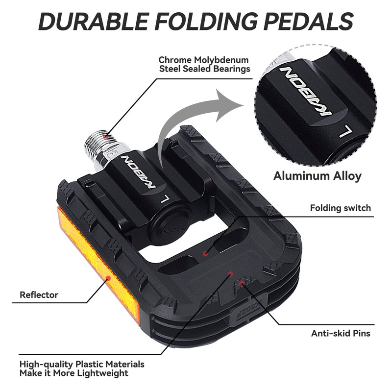 KABON Bicycle Pedal Foldable Non-Slip Bicycle Pedal Set with Reflectors