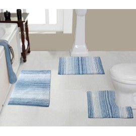 Home Weavers 100% Cotton Gradiation Collection Bathroom Décor | Washable Rug | Bathroom Mat | Kitchen Mat | Bathroom Rug Set | Bath Mat Set | Bath Floor Mat Non Slip, 3 Piece Set with Contour, Blue