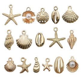 Liyujuping - 16 abalorios de playa, colgante de verano de aleación de estrellas de mar, conchas marinas y caracolas para hacer joyas, collares, pulseras, arete, manualidades