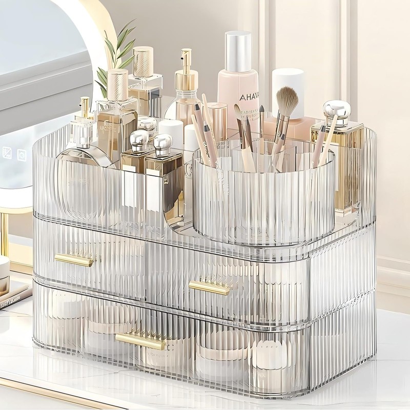 DASITON Makeup Organizer with Drawers and Rotating Makeup Brush Holder,Large