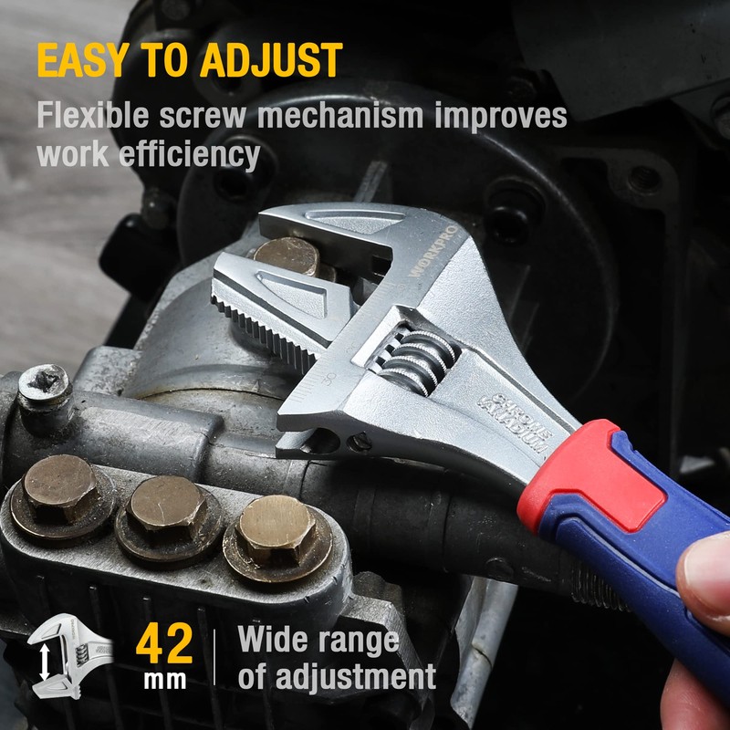 WORKPRO 2-in-1 Adjustable Wrench and Pipe Wrench, 42mm Wide Jaw,
