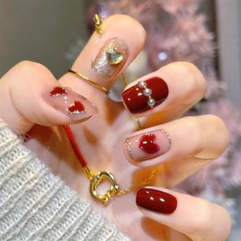 24Pcs Valentines Press on Nails Short Square Fake Nails Red Romantic Heart with Silver Glitter False Nails Gold Heart Crystal Nail Design Red Nude Full Cover Artificial Glue on Nails for Women DIY