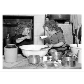 Helping with the Christmas pudding, a 127 x 175mm Alternative Image cookery themed Christmas card featuring a vintage black and white photo, message inside says Happy Christmas