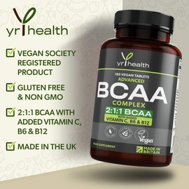 Vegan BCAA Tablets 1500mg - 2:1:1 BCAAs Branch Chain Amino Acids L-Leucine, L-Isoleucine, L-Valine with Vitamin B6, C & B12-180 Tablets not Capsules - Made in The UK by YrHealth
